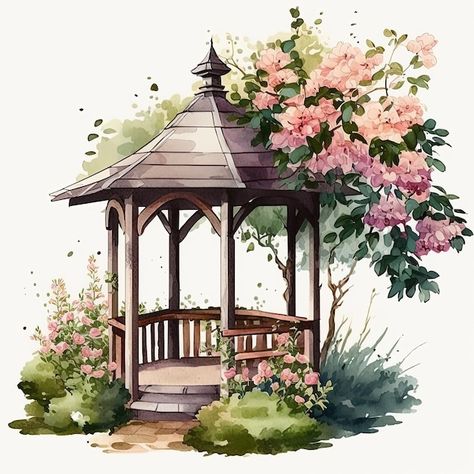 Photo watercolor garden shelter and flow... | Premium Photo #Freepik #photo #terrace #summer-flower #house-exterior #garden-watercolor Summer Garden Illustration, House With Garden Drawing, Flower House Drawing, Garden House Drawing, Garden Flowers Drawing, Watercolor Garden Paintings, Flower Garden Sketch, Garden Drawing Ideas, Garden Illustration Art