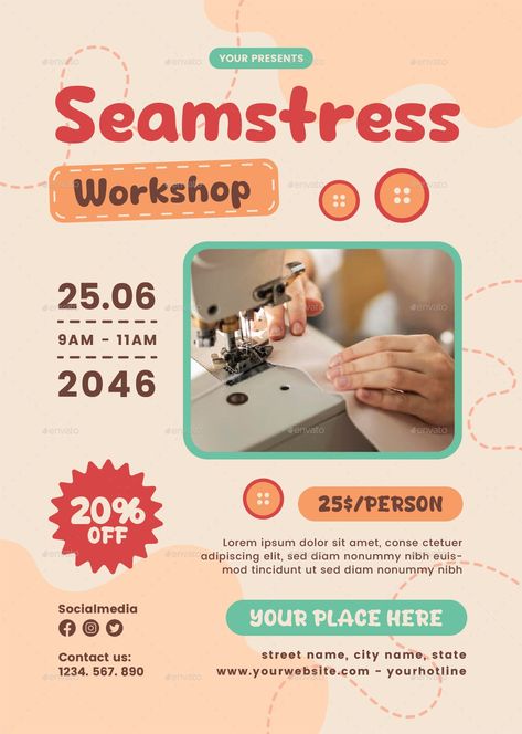 Seamstress Workshop Flyer Seamstress Workshop, Workshop Flyer, Street Names, Sewing Class, Vector Illustrations, Social Media, Illustrations