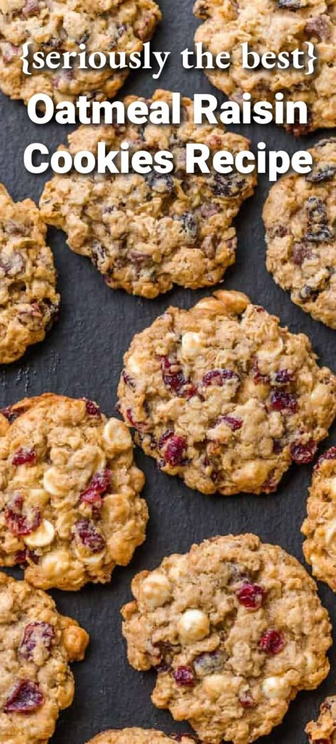 Big, soft and chewy Oatmeal Raisin Cookies with melty chocolate morsels. If you soak the raisins and don’t over-bake, these will stay soft for days. Craisin White Chocolate Cookies, Quaker Oatmeal Raisin Cookies, Vanishing Oatmeal Cookies, Oatmeal Craisin Cookies, Soft Oatmeal Raisin Cookies, Cookie Recipes Oatmeal, Craisin Cookies, Chewy Oatmeal Raisin Cookies, Best Oatmeal Raisin Cookies