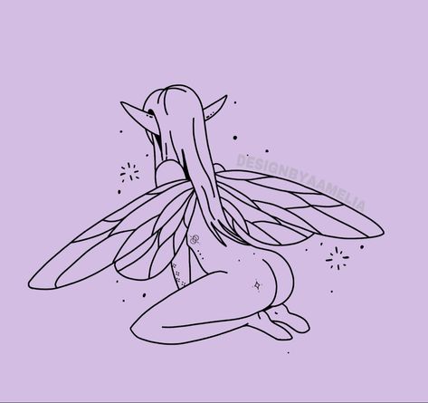 Alien Fairy Tattoo, Drawing Ideas Outlines, Fairy Outline Tattoo, Uwu Tattoo, Fairy Line Art, Fairy Outline, Elf Tattoo, Tattoo Fairy, Fairy Tattoos