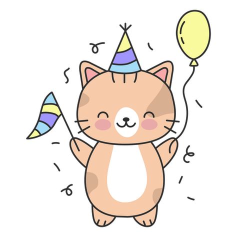 Happy Birthday Cats Cute Drawing, Cat Holding Balloon, Cat Birthday Shirt, Cat Balloon Animal, Cat With Birthday Hat, Cat Balloons, Balloon Illustration, Free Cats, Cat Birthday