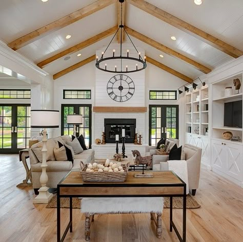 Kitchen Open Concept, White Brick Fireplace, Vaulted Ceiling Living Room, Modern Farmhouse Living, Modern Farmhouse Home, Modern Farmhouse Living Room, Farmhouse Interior, House Living Room, Farmhouse Homes