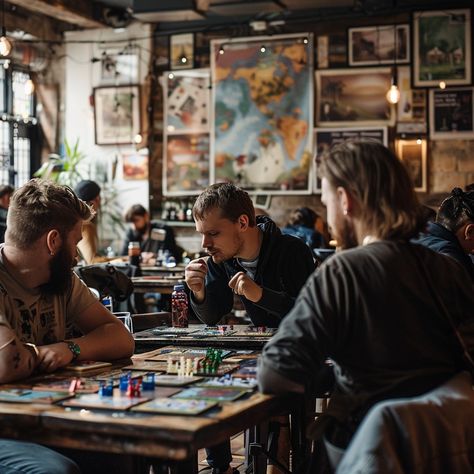 Board Game Cafe: Friends gathered in a cozy cafe, engrossed in a strategic board game surrounded by eclectic decor. #cafe #friends #boardgame #concentration #coffee #aiart #aiphoto #stockcake ��⬇️ Download and 📝 Prompt 👉 https://ayr.app/l/RUY4 Board Games Photoshoot, Board Games Aesthetic, Games Cafe, Board Game Bar, Cafe Friends, Free Board Games, Bord Games, Cabin Photos, Cafe Photography