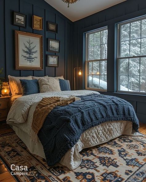 Dark Painted Walls Bedroom, Navy Blue Cozy Bedroom, Blue Cabin Decor Rustic, Beige And Dark Blue Bedroom, Blue And Brass Bedroom, Dark Blue Rustic Bedroom, Bedroom Design Blue Wall, Wooden Cozy Bedroom, Living Room Designs With Blue Accents