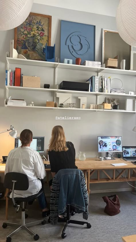 Shared Study Room, Graphic Design Studio Workspaces, Drawing Desk Setup, Office In Kitchen, Two Desk Home Office, Minimalistic Desk Setup, Work From Home Set Up, Desk Set Up Aesthetic, Two Person Home Office