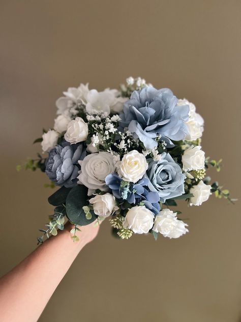 Dust Blue Bouquet, Bride Bouquets Dusty Blue, Bouquet Of Flowers Dusty Blue, White Green Light Blue Bouquet, Diy Dusty Blue Wedding Bouquet, Blue White Green Bridal Bouquet, Blue Flower Bouquet Prom, Blue And Green Flower Bouquet, Blue White Flower Bouquet