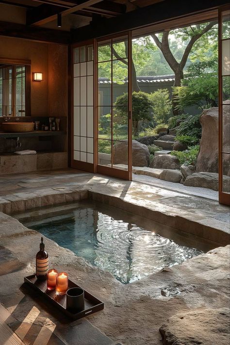 Bathroom With Couch, Onsen Style Bathroom, Japanese Bath House Traditional, Zen House Decor, Japanese Bath House, Japanese Bathroom Design, Asian Bathroom, Japanese Style Bathroom, Japanese Spa