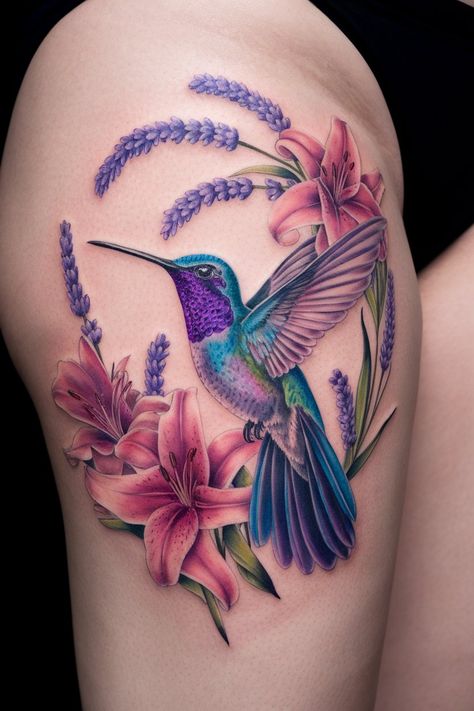 20 Hummingbird Tattoo with Flowers That Inspire Creativity – inkspiredtattoos.com Color Tattoo Ideas, Hummingbird Tattoo With Flowers, Colorful Hummingbird Tattoo, Hummingbird Tattoo Meaning, Hummingbird Flower Tattoos, Elephant Thigh Tattoo, Tropical Flower Tattoos, Best Tattoo Ideas For Men, Flower Tattoo On Ribs