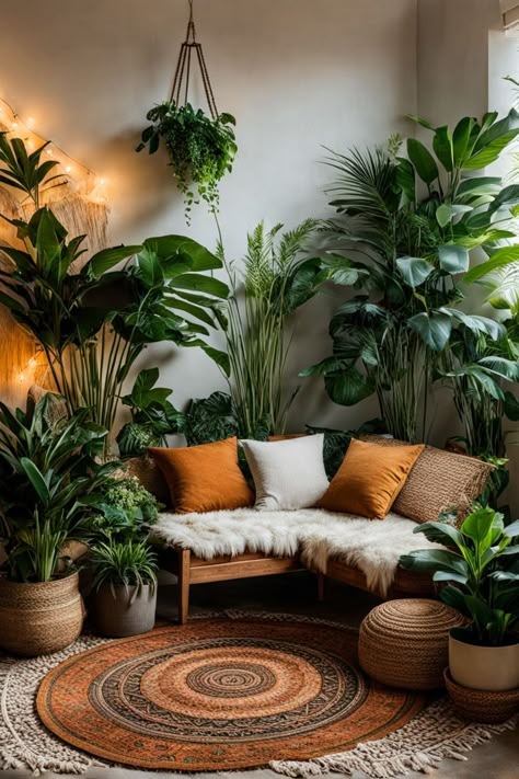 Green Spaces Indoor, Room Of Plants, Reading Corner Plants, Living Room Corner Plants, At Home Meditation Room, Reading Room With Plants, Spiritual Office Space, Forest Reading Corner, Boho Lighting Living Room