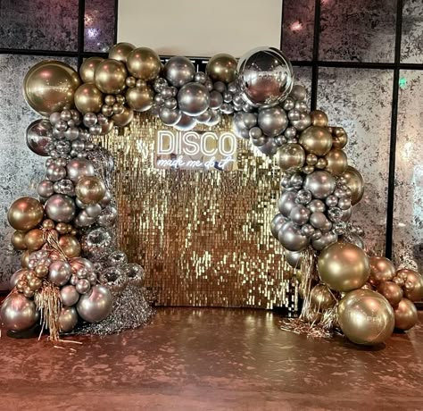 Unique Party Backdrop Ideas, Gold And Silver Disco Theme, Gold And Silver Decorations Party, Disco Prom Theme 70s Party, Silver And Gold Party Theme, 70s Party Favors, Disco Formal Theme, Studio 54 Birthday Party, Gold Disco Party