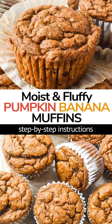 Easy pumpkin banana muffins combine the delicious flavors of pumpkin pie and banana bread! These moist and fluffy muffins are quick to make in less than 30 minutes. The best healthy gluten-free homemade muffin you can make! Gluten Free Egg Free Banana Muffins, Dairy Free Pumpkin Banana Muffins, Paleo Pumpkin Banana Muffins, Flourless Pumpkin Banana Muffins, Healthy Pumpkin And Banana Recipes, Gf Pumpkin Banana Muffins, Banana Pumpkin Muffins Gluten Free, Healthy Pumpkin Banana Oat Muffins, Pumpkin Banana Muffins Baby