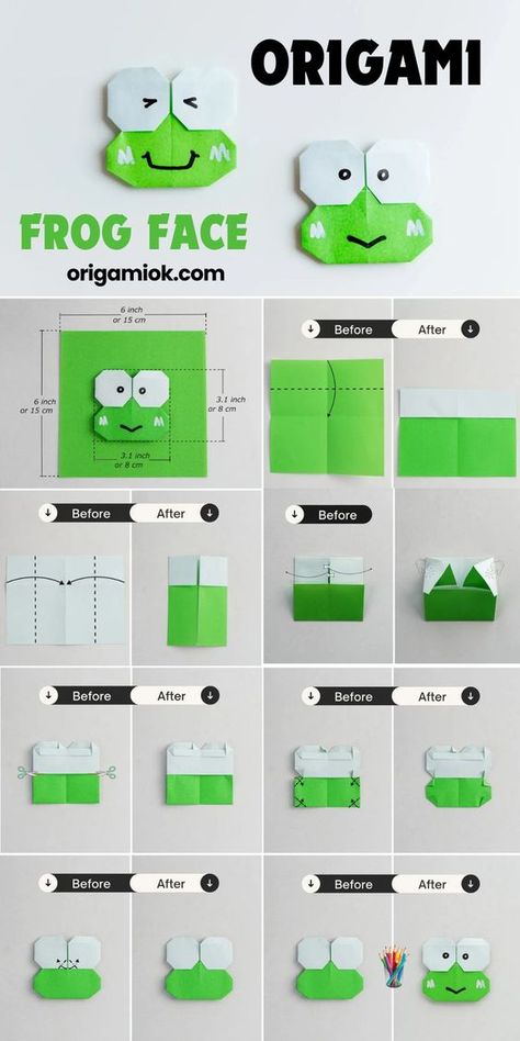 We have a jumping frog model, which requires more steps and techniques. However, this is a lovely fat face origami frog face which can be folded by kids. Let’s make the frog out of a green paper. Paper Frog, Easy Origami Animals, Origami Pig, Frog Face, Origami Animal, Origami Frog, Jumping Frog, Origami Elephant, Paper Folding Crafts