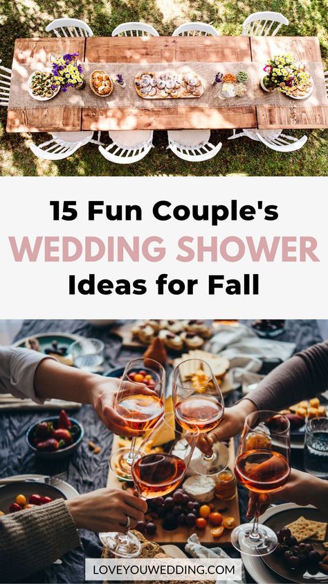 Couple’s Shower Ideas, Fall In Love Couples Shower Ideas, Couple Bridal Shower Themes, Fall Couples Shower Decorations, Bridal Shower Ideas For Couples, Wedding Shower For Groom, Wedding Showers For Couples, Unique Couples Shower Themes, Grooms Shower Ideas