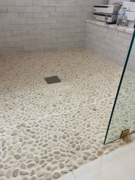 Rock Bottom Shower Floor, River Stone Shower Floor, Shower With Stone Floor, Pebble Floor Bathroom, River Stone Shower, River Rock Shower Floor, Rock Shower Floor, Stone Shower Floor, River Rock Shower