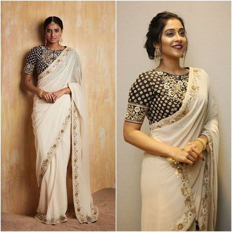 Shipping Worldwide. Fabric - Raw silk and Georgette. Work - Swarovski, Zardozi, and Embellishments. Blouse & Inner Skirt - Included. *Custom made outfit, can be made in any color of your choice. For price, orders & other information What's App on +91 9930089059 Happy Shopping☺️. Ivory Saree, Marodi Work, Bani Thani, Saree And Blouse Designs, Cream Saree, डिजाइनर कपड़े, Indian Saris, Blouses Designs, Blouse Ideas