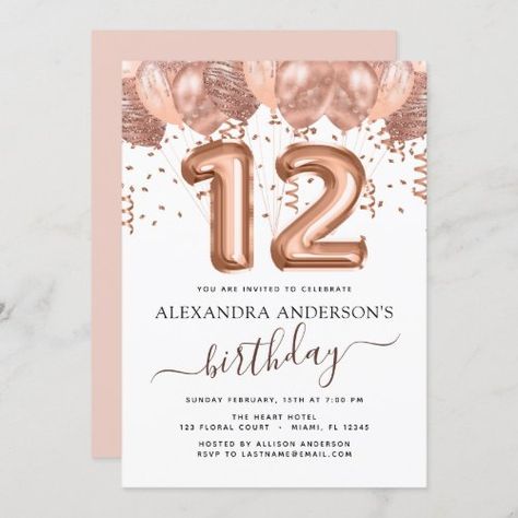 $ 2.8 | Rose Gold Balloons 12th Birthday Party Confetti #rose gold, confetti, balloon letters, blush pink, girly, glitter, glam, eleventh birthday party, 12th birthday party, twelfth birthday party 13tg Birthday Invitations, Twelfth Birthday, Confetti Invitation, Confetti Birthday Party, Girly Birthday Party, Rose Gold Aesthetic, 21st Birthday Party, Rose Gold Invitations, 21st Birthday Invitations