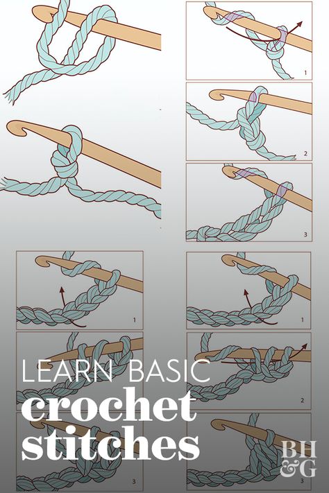 Learn how to crochet with these step-by-step diagrams for making some of the most common crochet stitches, and get started on your first crochet project today. #crochet #learnhowtocrochet #beginner #crochetstitches #tutorial #bhg Crochet Ideas For Beginners Step By Step, Learn Crochet Beginner, Easy Beginner Crochet Patterns, Beginning Crochet, Crochet Stitches Chart, Crochet Classes, Crochet Stitches Guide, Beginner Crochet Tutorial, Crochet For Beginners Blanket