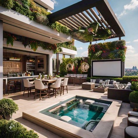 Rooftop Deck With Pool, Rooftop Terrace Design With Pool, Jacuzzi And Pool Outdoor, Rooftop Jacuzzi Ideas, Rooftop Terrace Design Penthouses, Luxury Terrace Design, Backyard Jacuzzi Ideas Patio, Rooftop Terrace Pool, Rooftop Pool Design