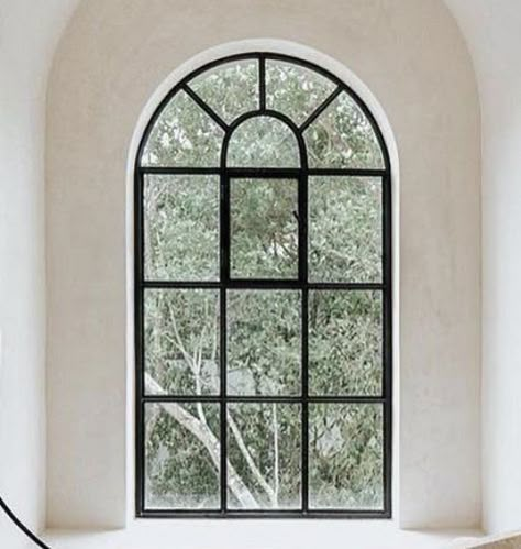 Arched Window Casing, Black Arch Window, Big Arched Windows, Front House Windows Ideas, Black Arched Windows, Big Arch Window, Arched Windows Exterior, Half Moon Window, Curved Windows