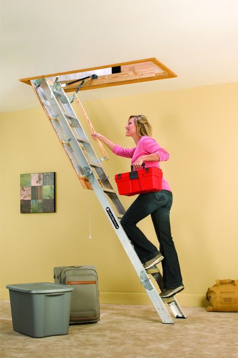 Louisville Ladder AA229GS Elite Aluminum Attic Ladder 350 Pound Capacity 22.5-Inch by 54-Inch Opening Ceiling Height 7-Foot-9-Inches to 10-Foot - - Amazon.com Attic Stairs Pull Down, Garage Attic, Slanted Walls, Attic Renovation Ideas, Attic Doors, Attic Ladder, Attic Closet, Garage Loft, Attic Playroom