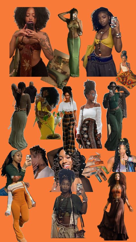 Boho Clothes Black Women, Boho Look Black Women, Different Aesthetics Black Women, Boho Outfit Black Women, Black Woman Earthy Outfits, Neo Soul Outfits Black Women, Afro Bohemian Style Outfit, Earthy Fashion Black Women, Fairycore Black Women