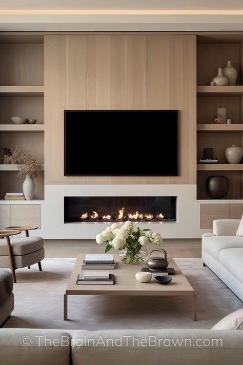 In Built Fireplace, Living Room Design Fireplace And Tv, Slim Fireplace Tv Wall, Japandi Tv Wall Fireplace, Tv Wall Design Without Fireplace, Built In Bedroom Fireplace, Different Living Room Layouts, Tv And Fire Place Wall, Tv Over Fireplace Low