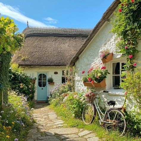 Cottage In Field, Cottage Exterior Aesthetic, Grandmacore House Exterior, Cottage Astetic House, Country Farm Life Aesthetic, Small Town House Aesthetic, Countryside Home Aesthetic, England Countryside Cottage, Beautiful Cottage Homes