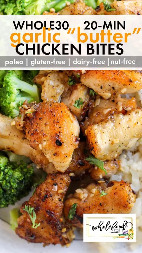 Whole30 Garlic Butter Chicken - Paleo, gluten-free, dairy-free, nut-free, egg-free, Keto. 20 min! Whole Foods Chicken Recipes, Easy Meals No Dairy, Whole30 Easy Recipes, Whole 30 Easy Meals, Dinner Ideas Whole 30, Whole 30 Paleo Recipes, Whole 30 Easy Dinner, Whole 30 Butter Chicken, Whole 30 Chicken Thighs