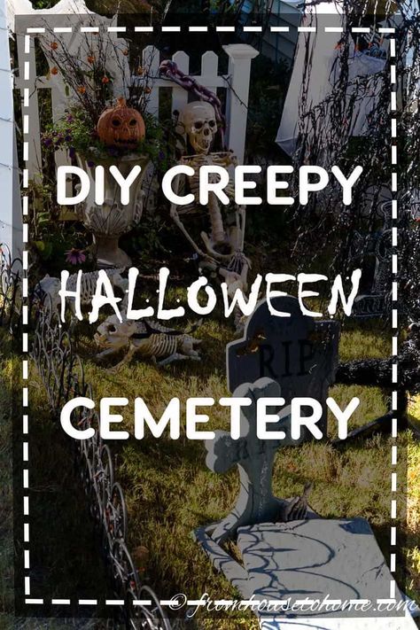 Find out how to create a Halloween cemetery for your yard haunt. All kinds of ideas for Halloween outdoor decorations. #entertainingdiva #yardhaunt #halloweendecor #halloween #halloween #halloweenoutdoordecor #halloweendecor Diy Halloween Pillars, Front Porch Halloween Ideas, Diy Halloween Graveyard, Halloween Graveyard Ideas, Halloween Fence, Halloween Front Door Decor, Cemetery Halloween, Halloween Gravestones, Indoor Halloween Decor