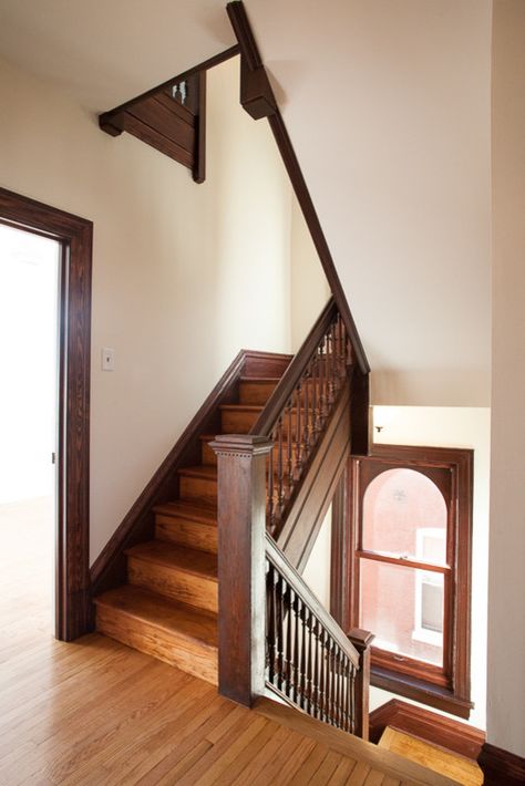 Victorian Foursquare - Traditional - Staircase - St Louis - by RJN Properties, LLC | Houzz 1920s Staircase, Art Deco Staircase, 1920s Farmhouse, Craftsman Staircase, Eaton House, Victorian Staircase, Wood Railings For Stairs, Victorian House Colors, Farmhouse Stairs