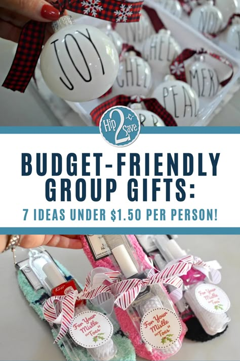 Check out these cheap group gift ideas for any budget. Whether you are giving to a church group or looking for coworker gift ideas, these group gifts are under $1.50 per person! Homemade Coworker Gifts, Staff Christmas Gift Ideas From Boss, Easy Cheap Christmas Gifts For Coworkers, Gift Category Ideas, Easy Work Christmas Gifts, Cute Inexpensive Gift Ideas, Work Christmas Gifts Cheap, Team Gift Ideas Work, Inexpensive Office Christmas Gifts