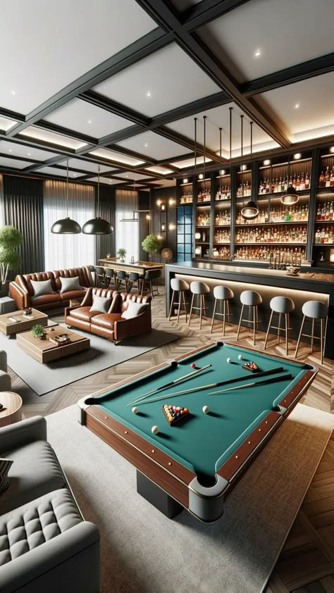 Modern Game Room Ideas Luxury, Bar Lounge Design Home, Bar With Pool Table, Billiard Room Ideas Interior Design, Modern Billiard Room, Luxury Billiard Room, Whisky Lounge, Entertainment Lounge, Billards Room