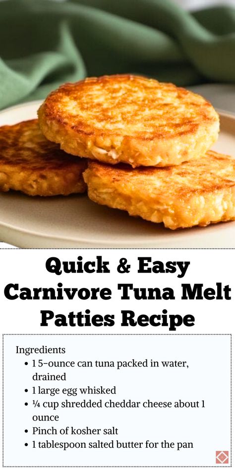 Satisfy your snack cravings with these carnivore diet tuna melt patties! Protein-packed and carb-free, they’re easy to make and perfect for quick snacks or light meals. Save this pin to try a recipe that’s both hearty and healthy! Carb Free Tuna Recipes, Tuna Carnivore Recipes, Carnivore Tuna Patties, What To Eat On Carnivore Diet, Snacks For Carnivore Diet, Carnivore Tuna Salad, Healthy Carnivore Meals, Hamburger Carnivore Recipes, Lazy Carnivore Diet