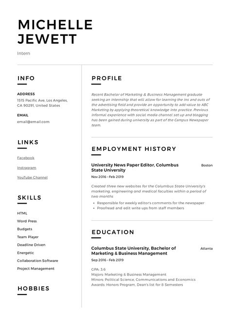 resume project manager Resume Examples For Jobs, Blank Resume Template, Resume Examples Skills, Student Resume Examples, Intern Resume, Finance Resume, Simple Resume Examples, Professional Cv Design, Resume Format Examples