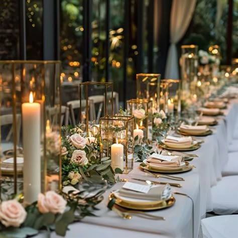 Rectangle Wedding Table Decor Candles, Long Wedding Table Decorations, Table Centerpieces Wedding Candles, Wedding Candle Centerpieces, Classic Wedding Centerpieces, Dining Fireplace, Candle Centerpieces Wedding, Long Table Centerpieces, Wedding Brunch Reception