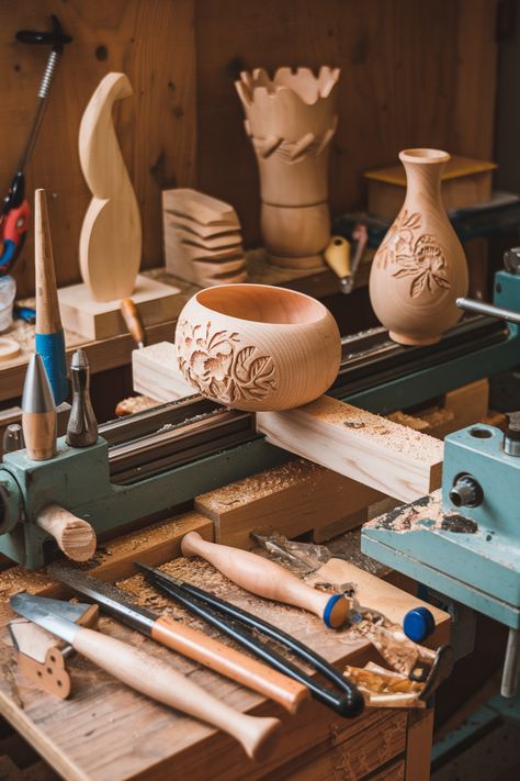 Check out this amazing woodworking workshop! ✨ The lathe is crafting a stunning floral bowl, surrounded by beautiful carvings and tools of the trade. What inspires your creativity in woodwork? Share your thoughts below! 
🪵💬 We’d love to hear from you!
#woodturning #maker #furnituredesign #interior #woodworkersofinstagram #decor #home #tools #woodworkingcommunity #woodworkers #wooden #architecture #workshop #smallbusiness Architecture Workshop, Wooden Architecture, Diy Woodworking Projects, Amazing Woodworking, Woodworking Inspiration, Floral Bowls, Wood Worker, Woodworking Workshop, Small Projects