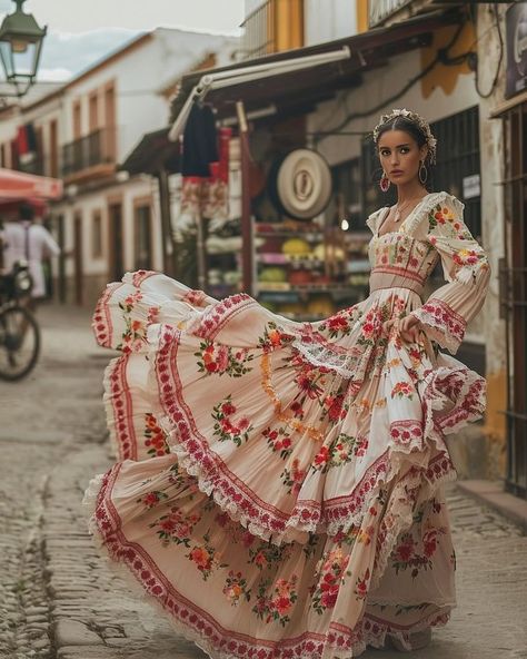 Traditional Mexican Dance Dress, 1920s Mexican Fashion, Mexican Old Money Aesthetic, 70s Mexican Fashion, Vintage Mexican Wedding Dress, Vintage Spanish Aesthetic, Hispanic Dresses, Spanish Culture Aesthetic, Vintage Mexican Aesthetic