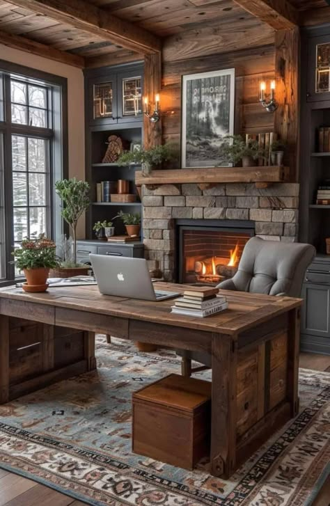 Rustic Home Office Ideas, Office With Fireplace, Cabin Office, Chic Office Decor, Rustic Home Offices, Rustic Office, Cozy Office, Beautiful Office, Modern Luxury Bedroom