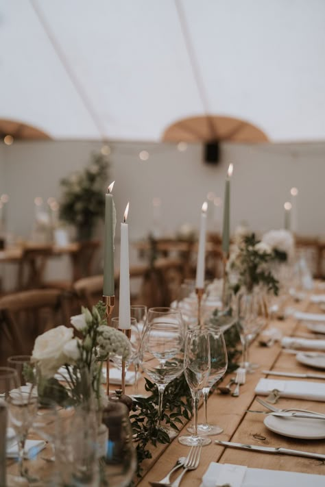 Wedding Table Settings With Candles, Different Wedding Table Set Ups, Shades Of Green Wedding Decor, Catering Table Decorations, Straight Table Wedding Decor, Reception Wedding Table Ideas, Greens And White Wedding Decor, Tapered Candles Decor, Wedding Decor Green And White