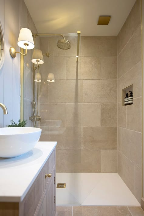 Family Bathroom Tiles, Neutral Shower Room, Neutral Tiles Bathroom, Sandstone Bathroom Tiles, Beige Tile Floor Bathroom, Small Bathroom Neutral, Large Tiles In Bathroom, Bathroom Cream Tiles, Bathroom Big Tiles