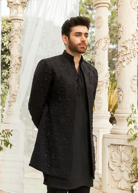 Black Indo Western Dress Men, Men Shoots, Barat Outfit, Sangeet Outfit For Men, Western Outfits For Men, Sadaf Fawad Khan, Indo Western Outfits For Men, Panjabi Design, Indo Western Dress For Men