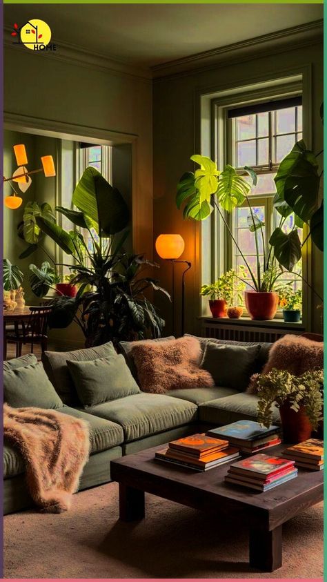 Plant House Decoration Living Rooms, Cozy Green Apartment, Earthy Living Room Green Couch, Living Room Inspiration Earthy, Apartment Decorating Green, Green Eclectic Living Room, Living Room Inspiration Cozy Green, Green Cozy Living Room, Cozy Green Living Room