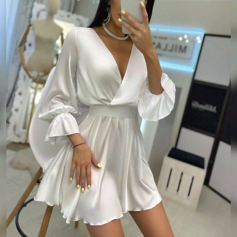 "White silk mini dress for fantastic look!" Silk Dress Outfit Classy, White Silk Mini Dress, Silk Dresses Outfit, Elegant Silk Dresses, Short Wedding Gowns, Wedding Outfits For Women, White Dress Outfit, Chiffon White Dress, White Silk Dress