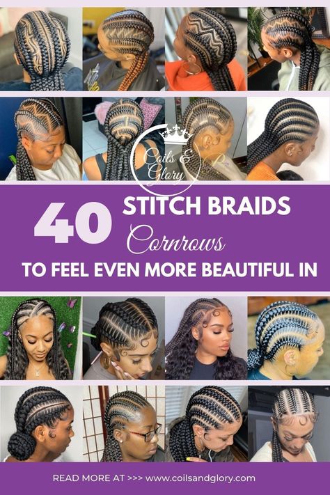 Slanted Stitch Braids, Stitched Straight Back Braids, Waist Length Feed In Braids, Side Part Feed In Braids Cornrows, Simple Stitch Braid Styles, Feed Ins Cornrows, Diy Lemonade Braids, Feminine Cornrow Styles, Stiches All Back Hairstyle