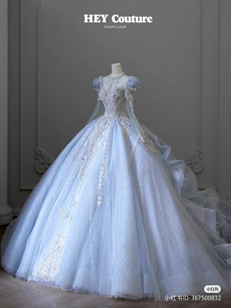 Blue And Silver Princess Dress, Pastel Blue Ball Gown, Princess Dress Blue Fairytale, Blue Fairy Wedding Dress, Royal Coronation Aesthetic, Cinderella Quinceanera Dresses Elegant, Pale Blue Ball Gown, Royal Blue Debut Gown, Debut Gowns 18th Elegant Blue