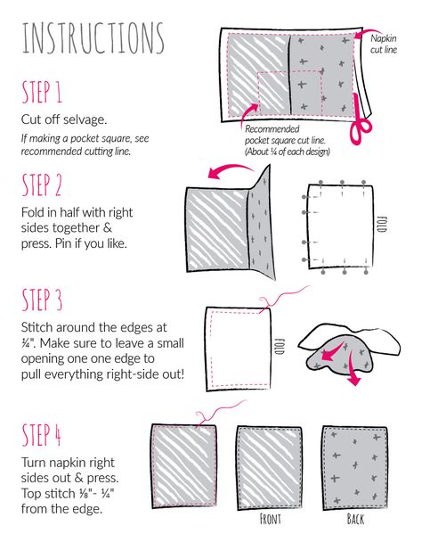 Instructions for how to sew your new double sided pocket square or cloth napkin. Order now to receive yours by V-day! Pocket Square Sewing Pattern, How To Sew A Pocket Square, Diy Pocket Square, Home Hobbies, Pocket Square Folds, Pocket Square Pattern, Sewing Pockets, Picnic Tablecloth, Diy Napkins