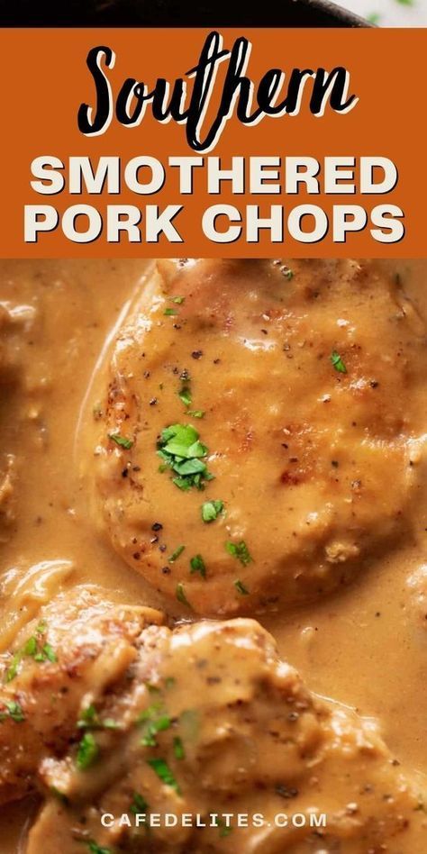 Southern Smothered Pork Chops is a delicious and easy dinner recipe perfect for any night of the week. A Southern classic comfort food, crispy coated pork chops smothered in a rich onion gravy makes this a feast you will keep coming back to! The best way to eat a chop is with sauce, and this recipe has plenty of gravy. Easy Pork Chop Meals For Dinner, Gravy Recipe For Pork Chops, Pork Chops Gravy Easy, Country Style Pork Chops, Pounded Pork Chop Recipes, Stuffed Pork Chops Baked In Oven With Gravy, Southern Pork Chops And Gravy, Southern Meat Recipes, Center Pork Chop Recipes