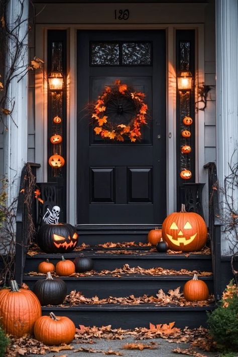 Fall Front Porch Decor Black Door, Halloween Decorations Outdoor Townhouse, Halloween Steps Outdoor, Halloween Decorations Outdoor Stairs, Halloween Door Step Decor, Halloween Stairs Outdoor, Outdoor Fall Halloween Decor, Halloween Decorations Stairs, Front Steps Halloween Decor