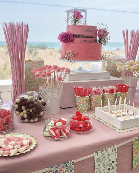 Cake And Candy Table Ideas, Party Treat Table Ideas, Candy Table Ideas Wedding, Birthday Snack Table, Mesas Candy Bar, Ideas Mesa Dulce, Party Food Table Ideas, Birthday Candy Table, Candy Table Decorations