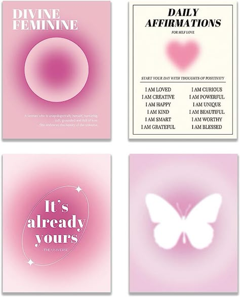 KEUSPI Daily Affirmations Heart Divine Feminine Pink Aura Energy Gradient Y2K Minimalist Wall Art Poster Prints for Bedroom Dorm Decor,Spiritual Decorations Posters Unframed 8x10 Inches Set of 4 Notion Icons, Ideas Cuarto, Prints For Bedroom, Y2k Minimalist, Aura Energy, Printable Wall Collage, Y2k Posters, Affirmation Posters, Fotos Goals